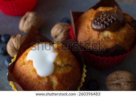 chocolate and vanilla Lemon muffins with blueberries and walnuts