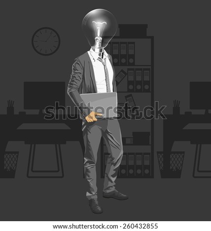 Vector Idea and concept. Lamp head business man with laptop in his hands