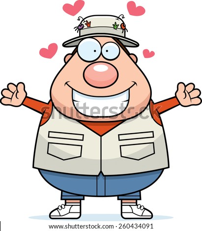 A cartoon illustration of a fisherman ready to give a hug.