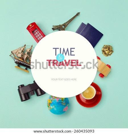 Summer vacation background mock up design. Objects related to travel and tourism around blank paper. View from above Royalty-Free Stock Photo #260435093