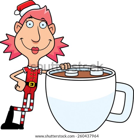 An illustration of a cartoon Christmas elf woman with a mug of hot chocolate.