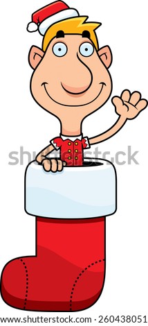 An illustration of a cartoon Christmas elf in a Christmas stocking.