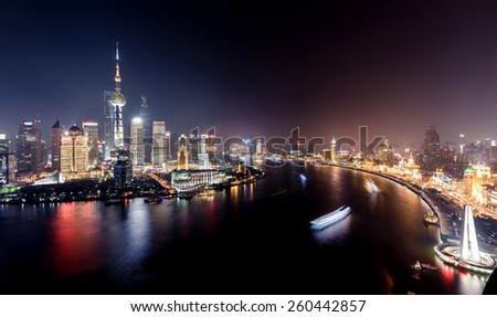 Night panorama of beautiful Shanghai city with bright lights, China