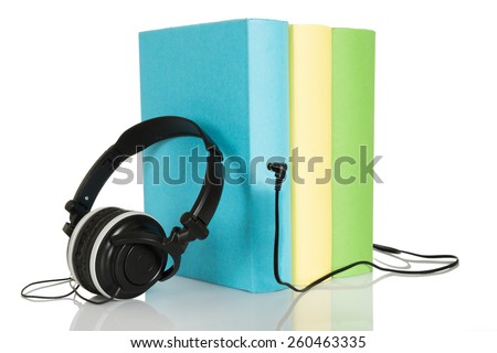 Three Audio Books With Headphone Over White Background