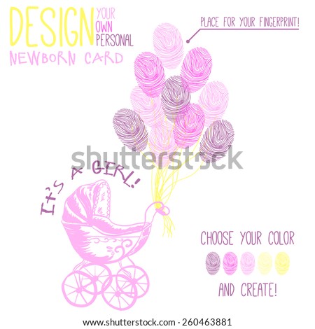Vector illustration of  baby carriage for newborn girl. Variant of design of your newborn card