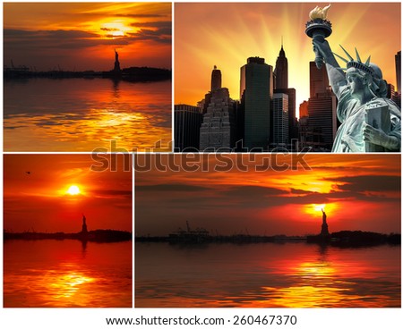 The Statue of Liberty and the setting sun. Set of 4 images
