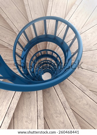 Spiral wood stairs with blue painted balustrade