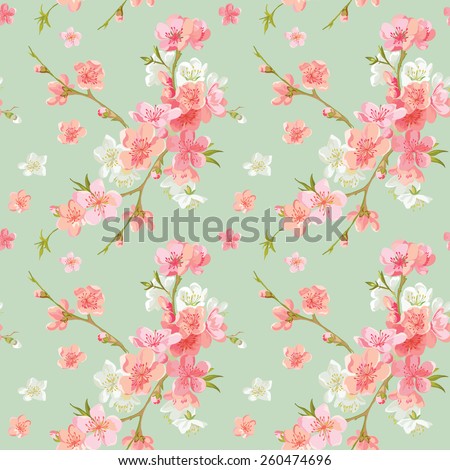 Spring Blossom Flowers Background - Seamless Floral Shabby Chic Pattern - in vector