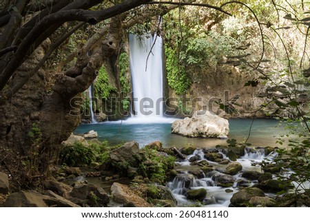 Banias waterfall stream on Jordan. River Hermon, Nature Reserve in the north of Israel  Royalty-Free Stock Photo #260481140