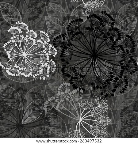 Monochrome seamless pattern of abstract flowers. Hand-drawn floral background. 