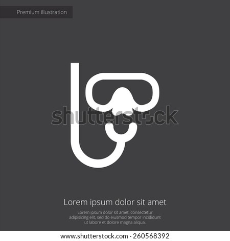diving mask premium illustration icon, isolated, white on dark background, with text elements 