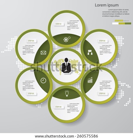 Design clean template/graphic or website layout. 6 steps in the circle shape layout.