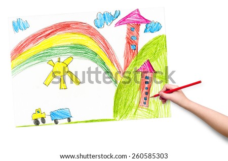 house in the village. child drawing.