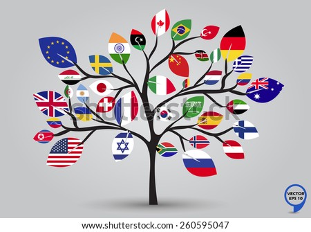 Leaf flags of the World in tree design. Vector illustration.