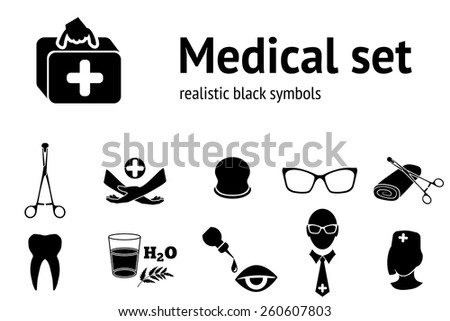Medical set. 11 symbols of health and medicine. Black silhouettes. Vector
