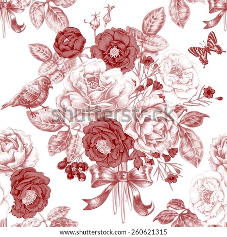 Vector seamless pattern with bouquets of roses, butterflies and birds. Design for fabrics, textiles, paper, wallpaper, web. Floral ornament. Victorian style. Vintage.