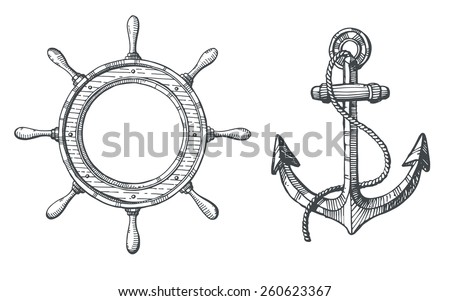 Hand drawn illustration of an anchor and a steering wheel Royalty-Free Stock Photo #260623367
