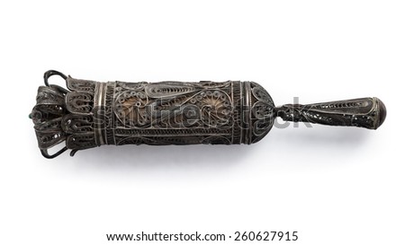 Silver case for a Torah scroll isolated on white background