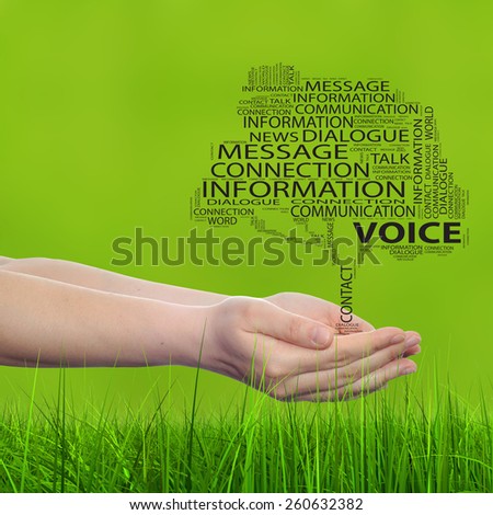 Concept conceptual tree word cloud tagcloud, man or woman hand on blur green background, metaphor to communication speech, message, mail, dialog, talk, contact, email, connection, news or internet