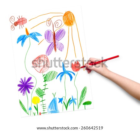 spring landscape with butterfly and flowers. child drawing.