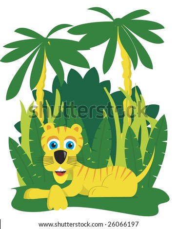 Vector illustration of a tiger laying down in the jungle.