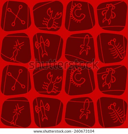 Seamless background with Rongorongo glyphs for your design (sea turtle,squid,crayfish,flying fish,cross,palm tree,caterpillar,centipede) 