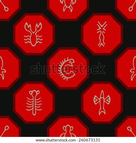 Seamless background with Rongorongo glyphs for your design (sea turtle,squid,crayfish,flying fish,cross,palm tree,caterpillar,centipede)