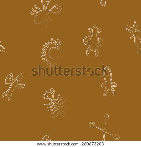 Seamless background with Rongorongo glyphs for your design(sea turtle,squid,crayfish,flying fish,cross,palm tree,caterpillar,centipede)