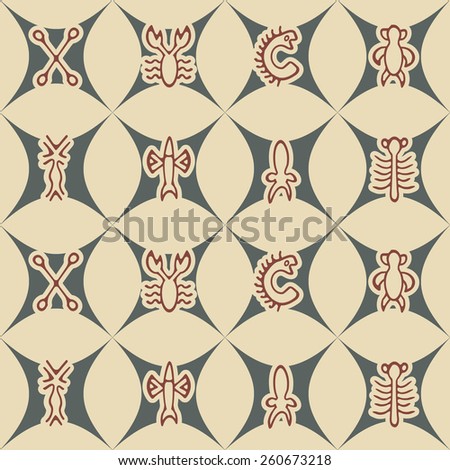 Seamless background with Rongorongo glyphs for your design(sea turtle,squid,crayfish,flying fish,cross,palm tree,caterpillar,centipede)