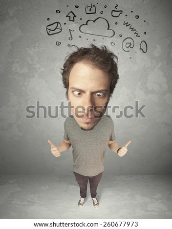 Funny guy with big head and drawn social media marks over it 