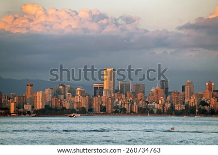 Vancouver skyline at red sunset, British Columbia, Canada