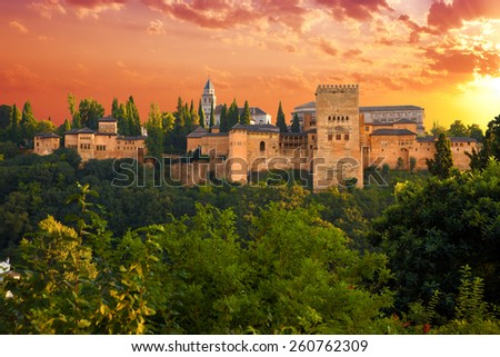 Alhambra de Granada. Exterior view of the Palacios Nazaries and the Partal area at sunset. Spain