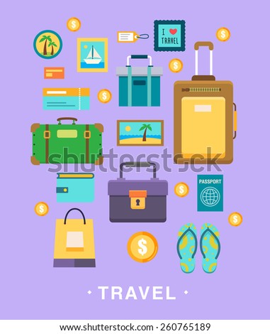 Vector illustration icons set of traveling on airplane, planning a summer vacation, tourism and journey objects and passenger luggage. Isolated on stylish background.