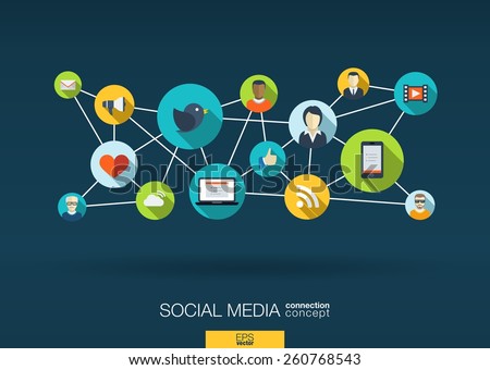 Social media network. Growth background with lines, circles and integrate flat icons. Connected symbols for digital, interactive, market, connect, communicate, global concepts. Vector illustration Royalty-Free Stock Photo #260768543