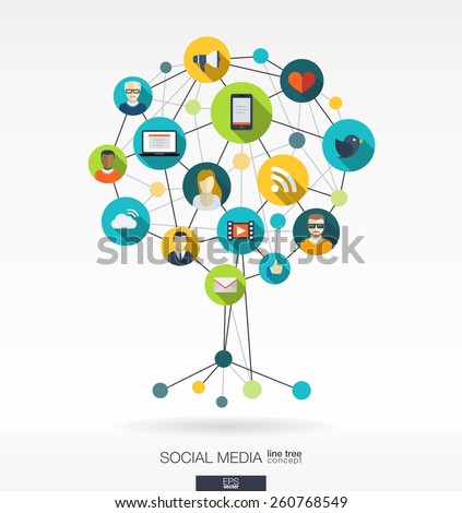 Abstract social media background with lines, connected circles, integrated flat  icons. Growth tree concept with network, computer, technology, speech bubble icon. Vector interactive illustration.