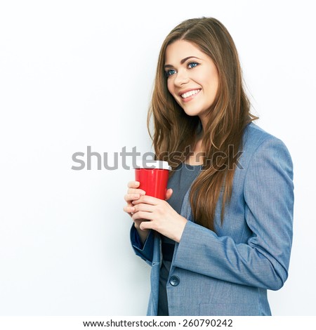 Smiling Business woman hold coffee cup. Isolated portrait. White background.