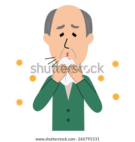 An elderly man sneezing, allergen flowing in the air, vector illustration