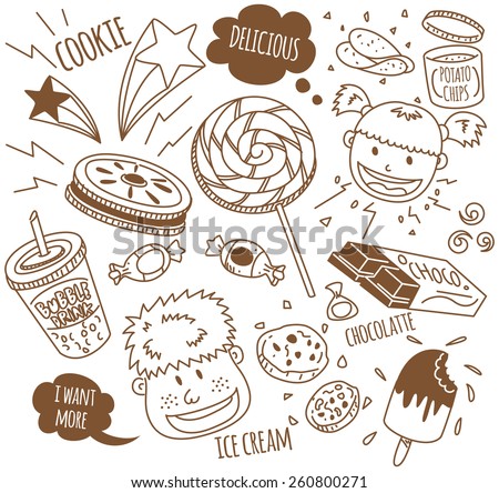 various snack with happy kids in doodle style