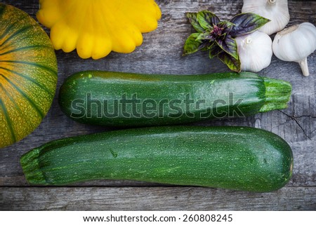 Fresh green zuchinni, squash and pumpkin with basil leaves, garlic on wooden board, top view