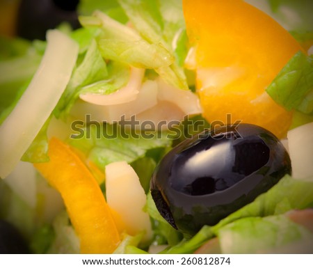 Assorted salad of green leaf lettuce with squid and black olives, close up. Instagram image retro style