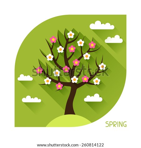 Seasonal illustration with spring tree in flat design style.