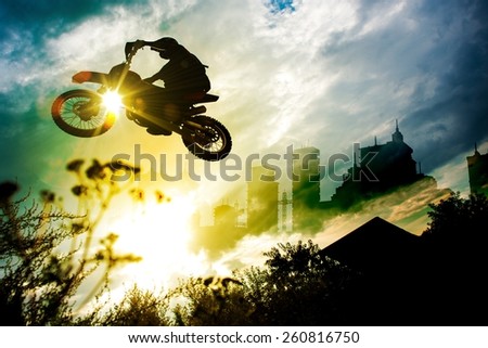 Urban Dirt Bike Jump. Motocross Concept Illustration with Abstract Background with the City Skyline.