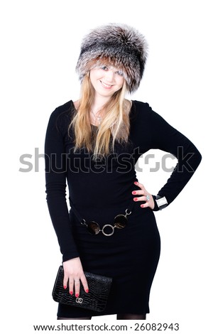 Blond Russian woman in fur hat on white background
