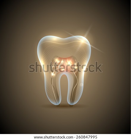 Beautiful golden transparent tooth with roots illustration. Healthy teeth care symbol.