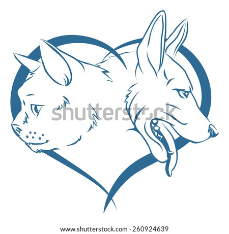 An illustration of pet cat and dogs faces in a heart design concept