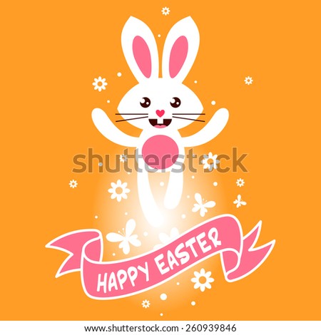 Happy Easter greeting card with cute white bunny and pink ribbon