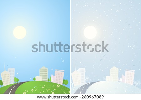 Summer and winter city backgrounds. The same city in summer and in winter time. There is place in the sky for your text.