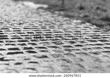 The pattern of stone block paving in the rain