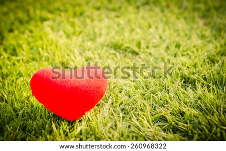 Red Heart on green grass background in vintage retro style soft focus.