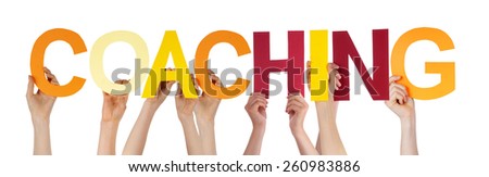 Many Caucasian People And Hands Holding Colorful Straight Letters Or Characters Building The Isolated English Word Coaching On White Background